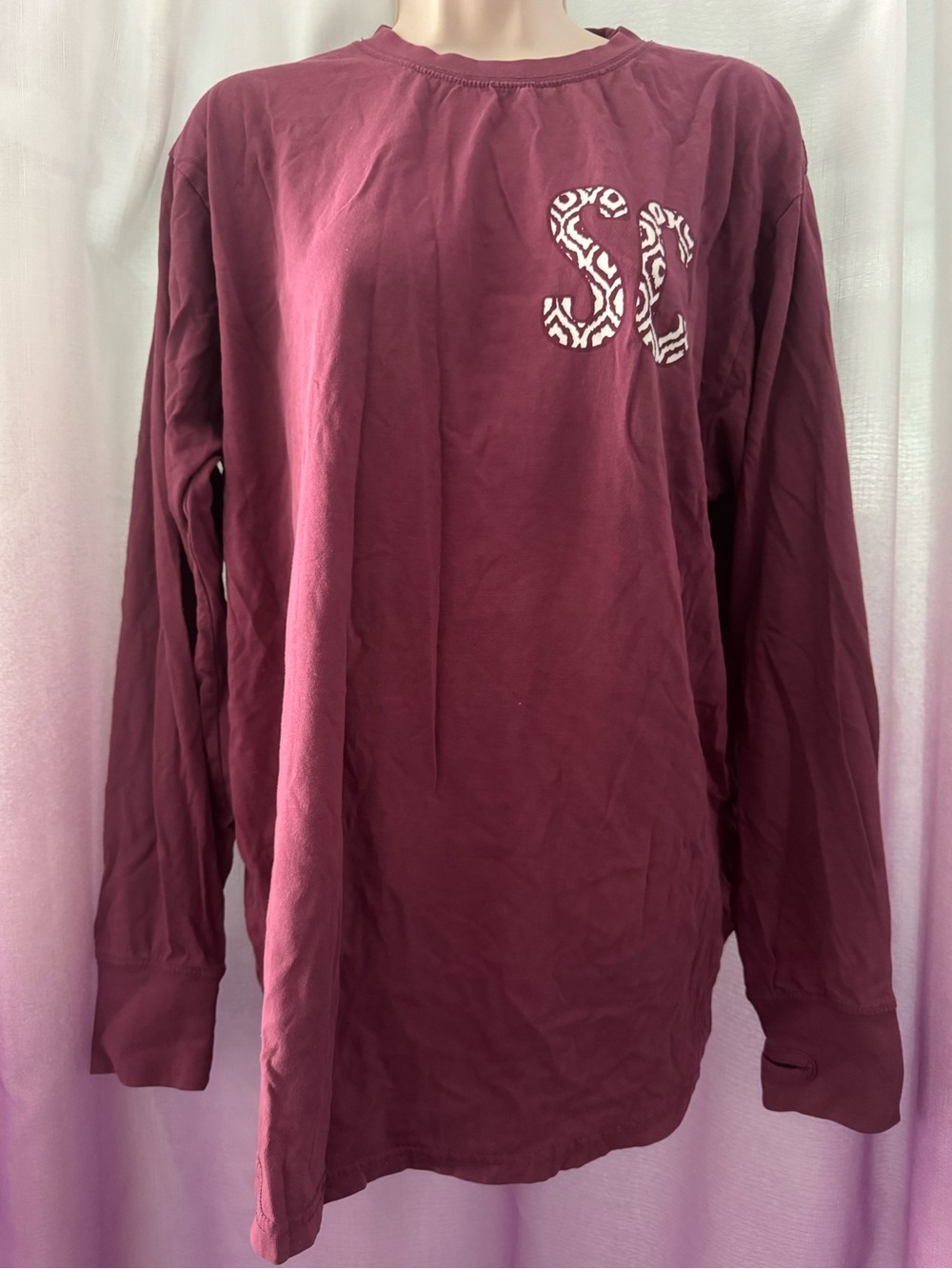 Source Unknown Maroon Long Sleeve Tee with White Patterned 'SC'
